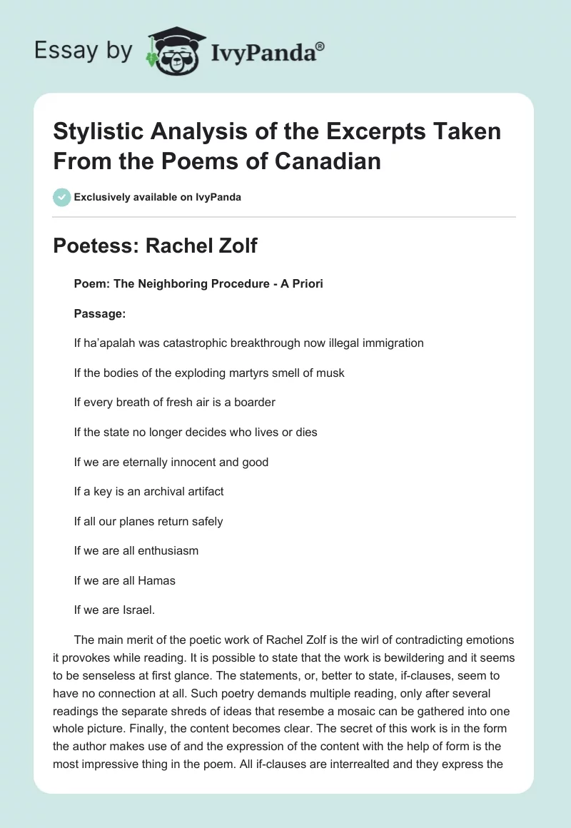 Stylistic Analysis of the Excerpts Taken From the Poems of Canadian. Page 1