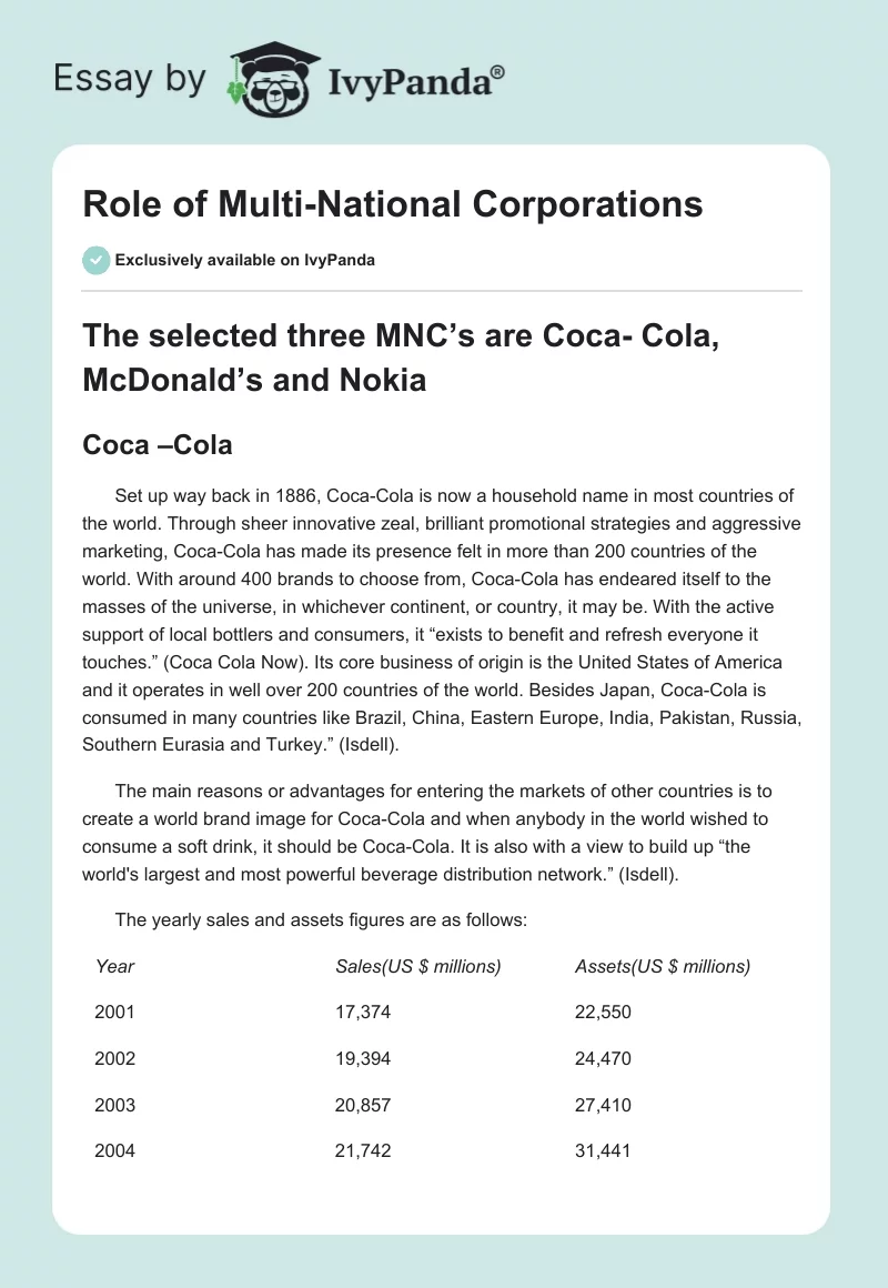 Role of Multi-National Corporations. Page 1