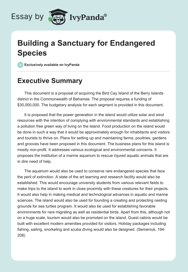 Building a Sanctuary for Endangered Species. Page 1