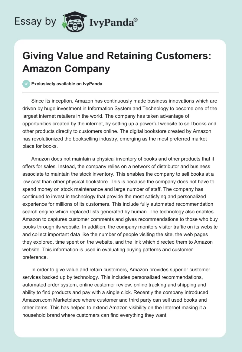 Giving Value and Retaining Customers: Amazon Company. Page 1