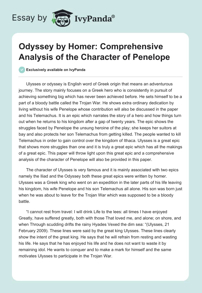 The Odyssey by Homer: Comprehensive Analysis of the Character of Penelope. Page 1
