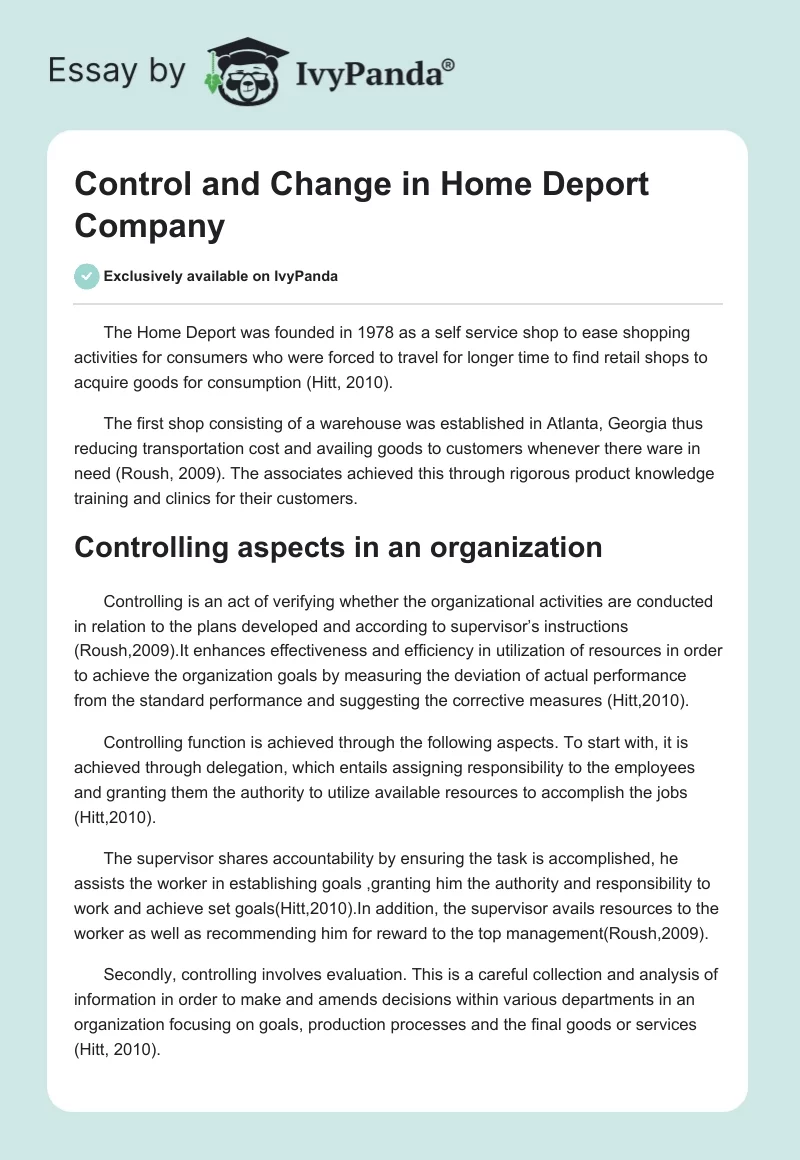 Control and Change in Home Deport Company. Page 1