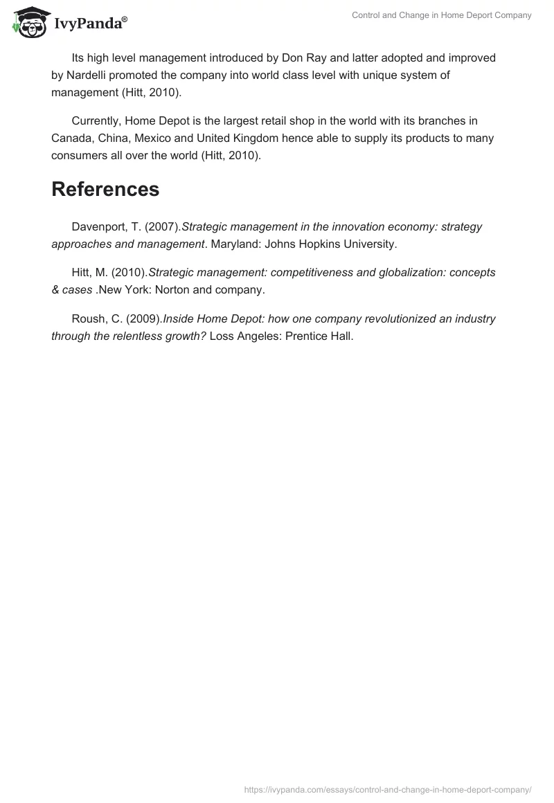 Control and Change in Home Deport Company. Page 4