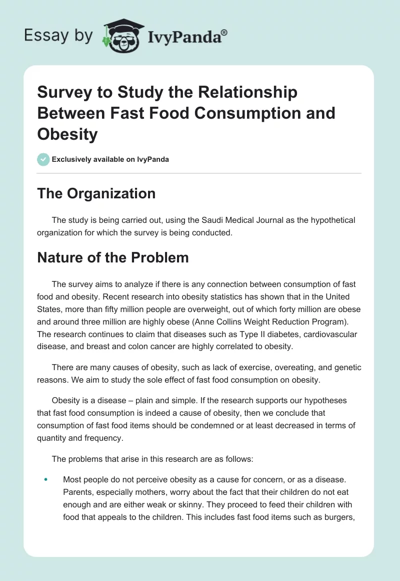 Survey to Study the Relationship Between Fast Food Consumption and Obesity. Page 1