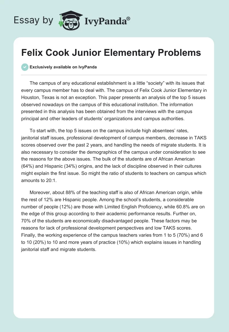 Campus Challenges: Analyzing Issues at Felix Cook Junior Elementary. Page 1