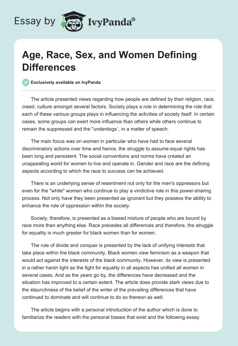 Age, Race, Sex, and Women Defining Differences. Page 1