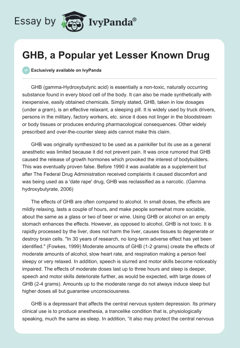 GHB, a Popular yet Lesser Known Drug. Page 1