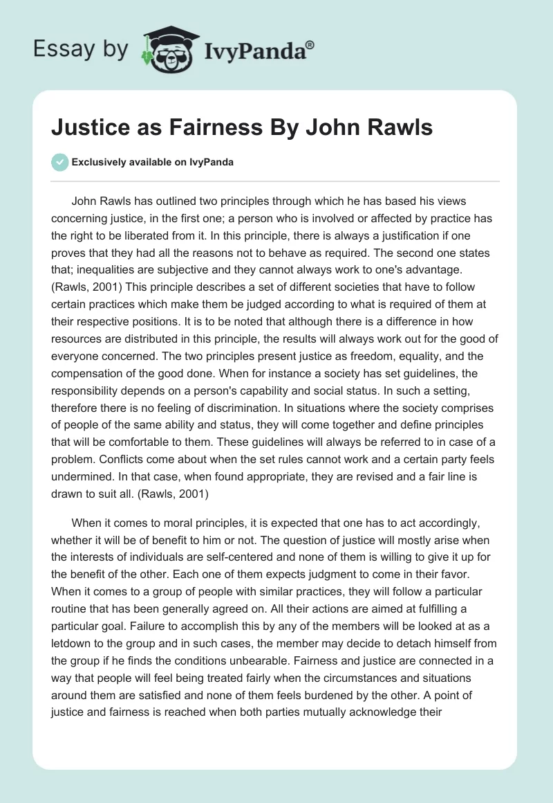 Justice as Fairness By John Rawls. Page 1