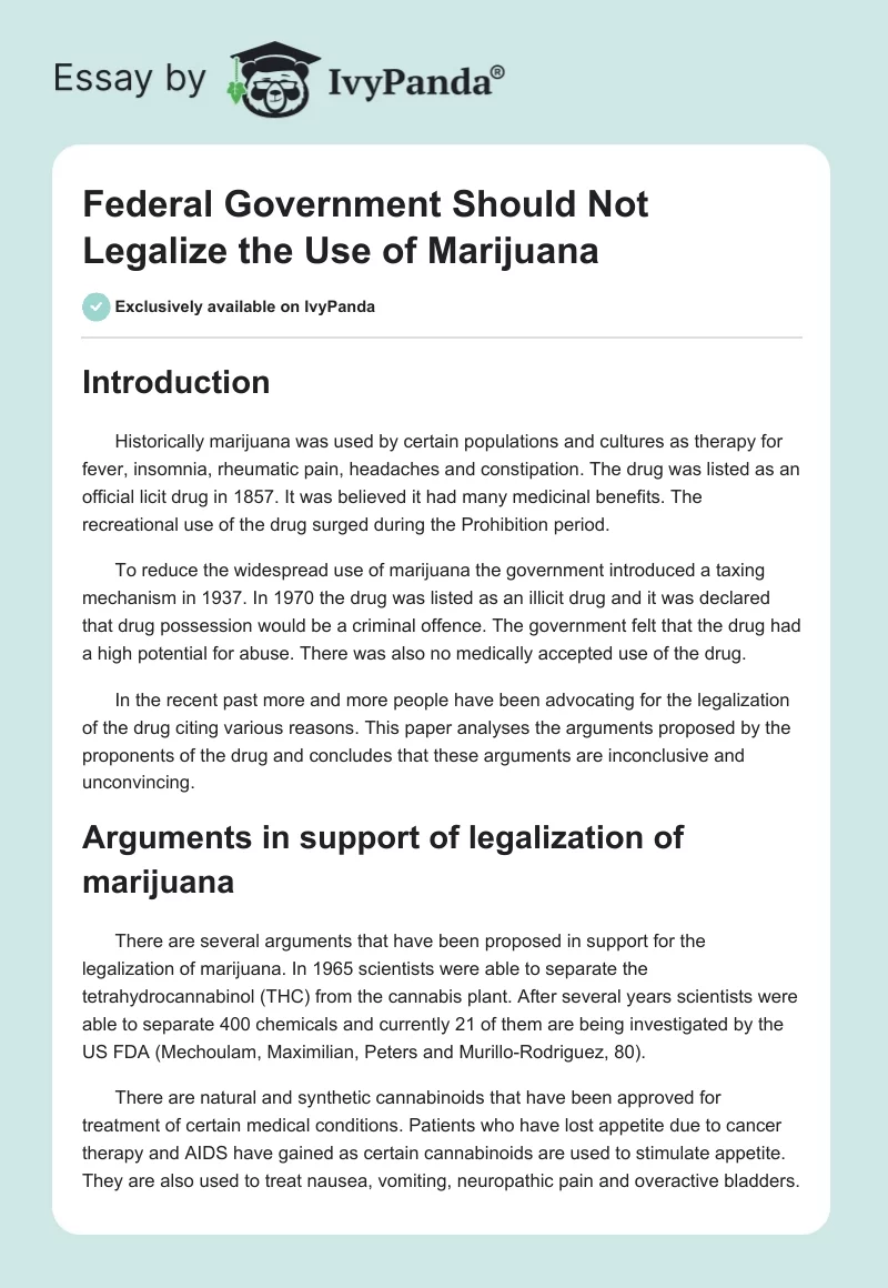 Federal Government Should Not Legalize the Use of Marijuana. Page 1