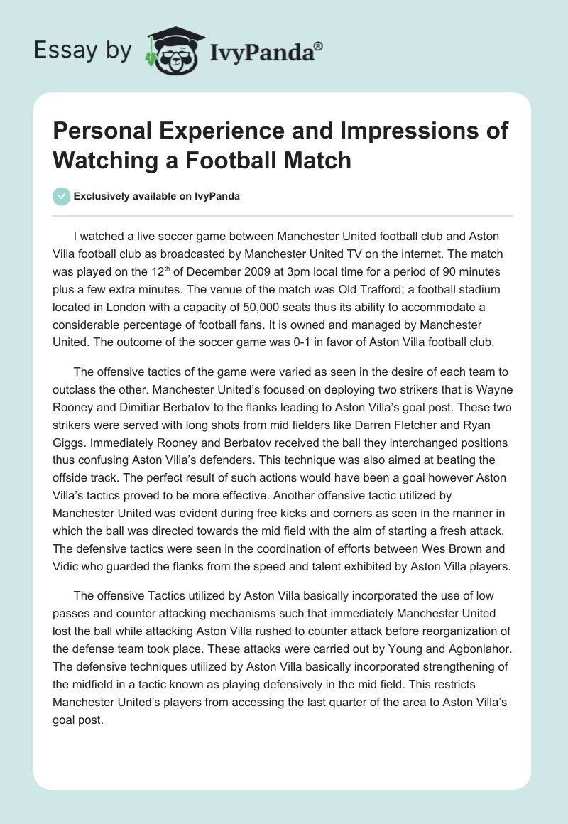 Personal Experience and Impressions of Watching a Football Match. Page 1
