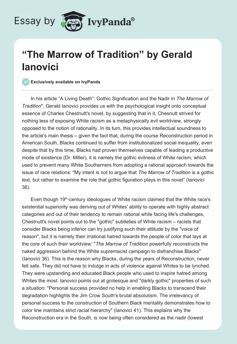 “The Marrow of Tradition” by Gerald Ianovici. Page 1