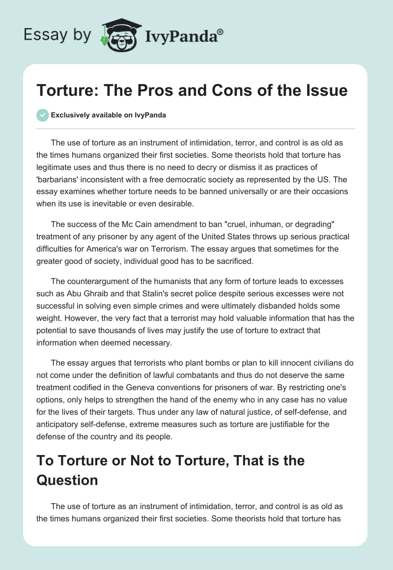 Torture: The Pros and Cons of the Issue. Page 1