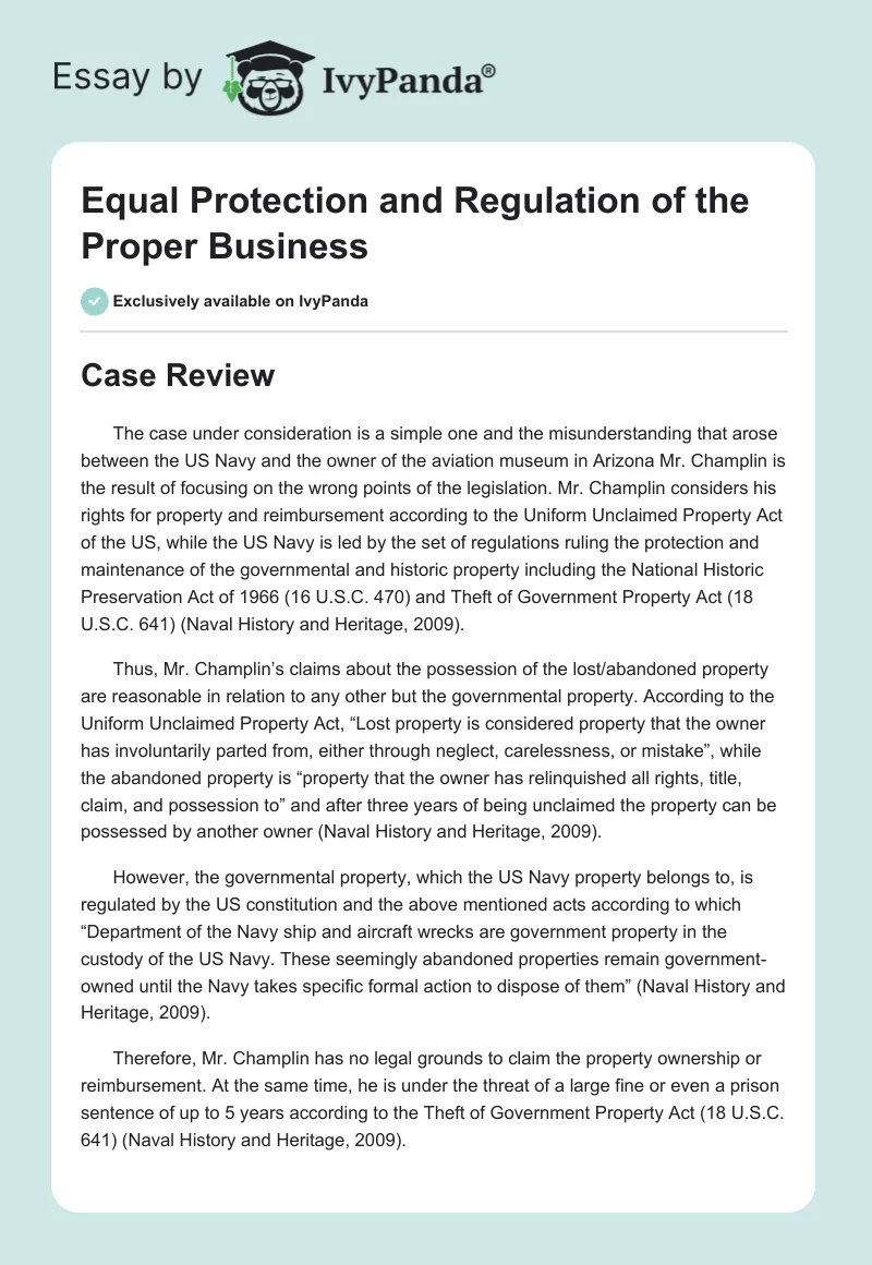 Equal Protection and Regulation of the Proper Business. Page 1