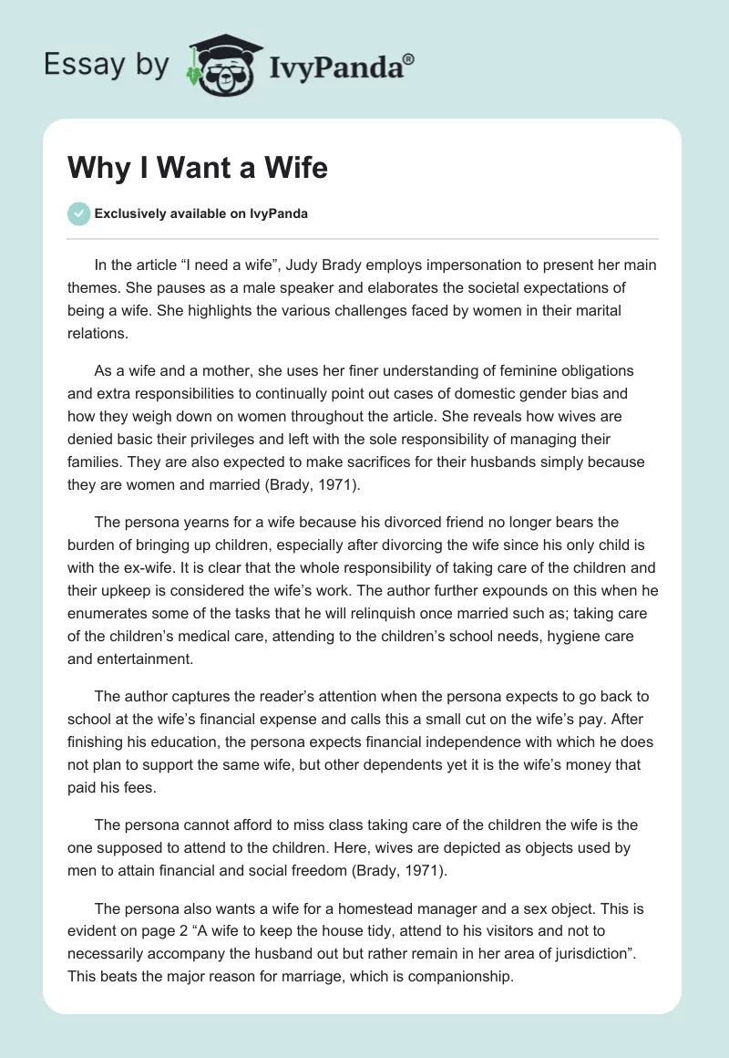 Why I Want a Wife - 1116 Words | Essay Example