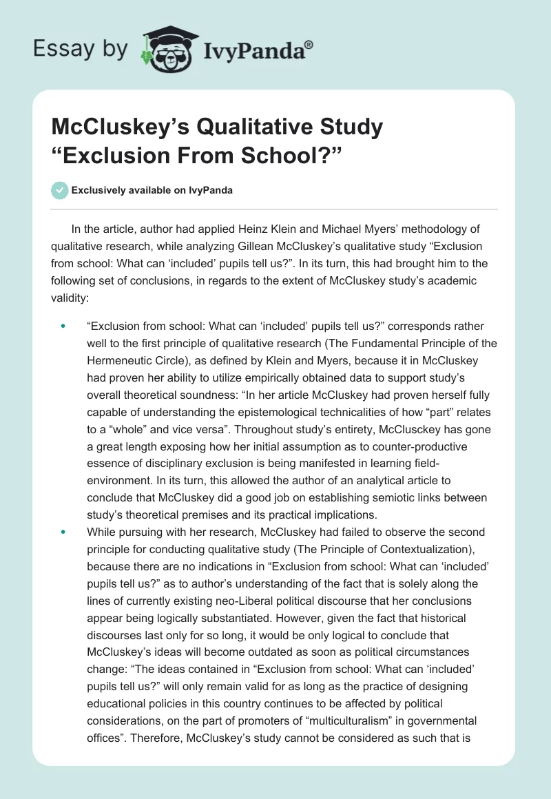 McCluskey’s Qualitative Study “Exclusion From School?”. Page 1