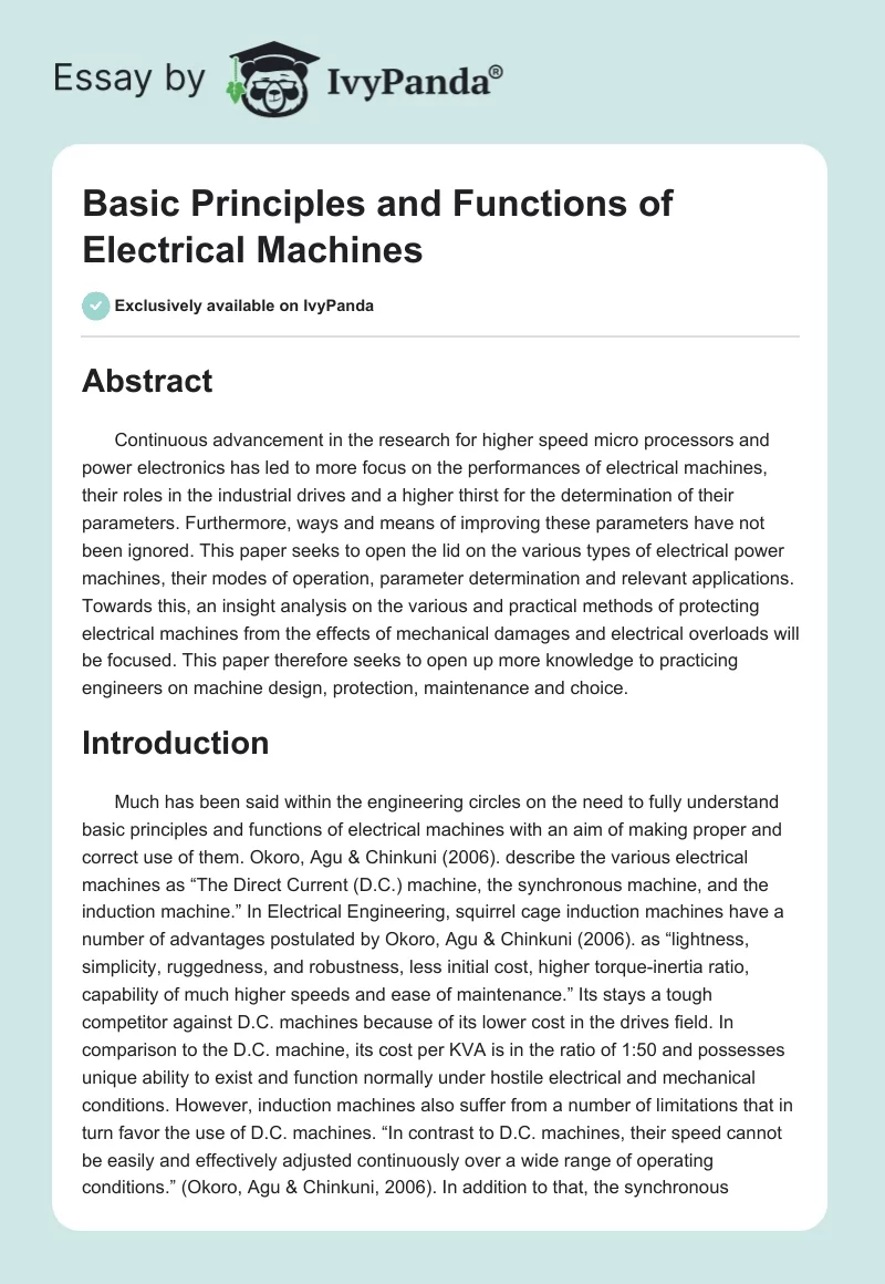 Basic Principles and Functions of Electrical Machines. Page 1