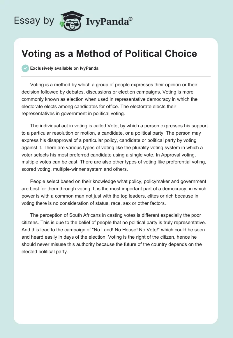 Voting as a Method of Political Choice. Page 1