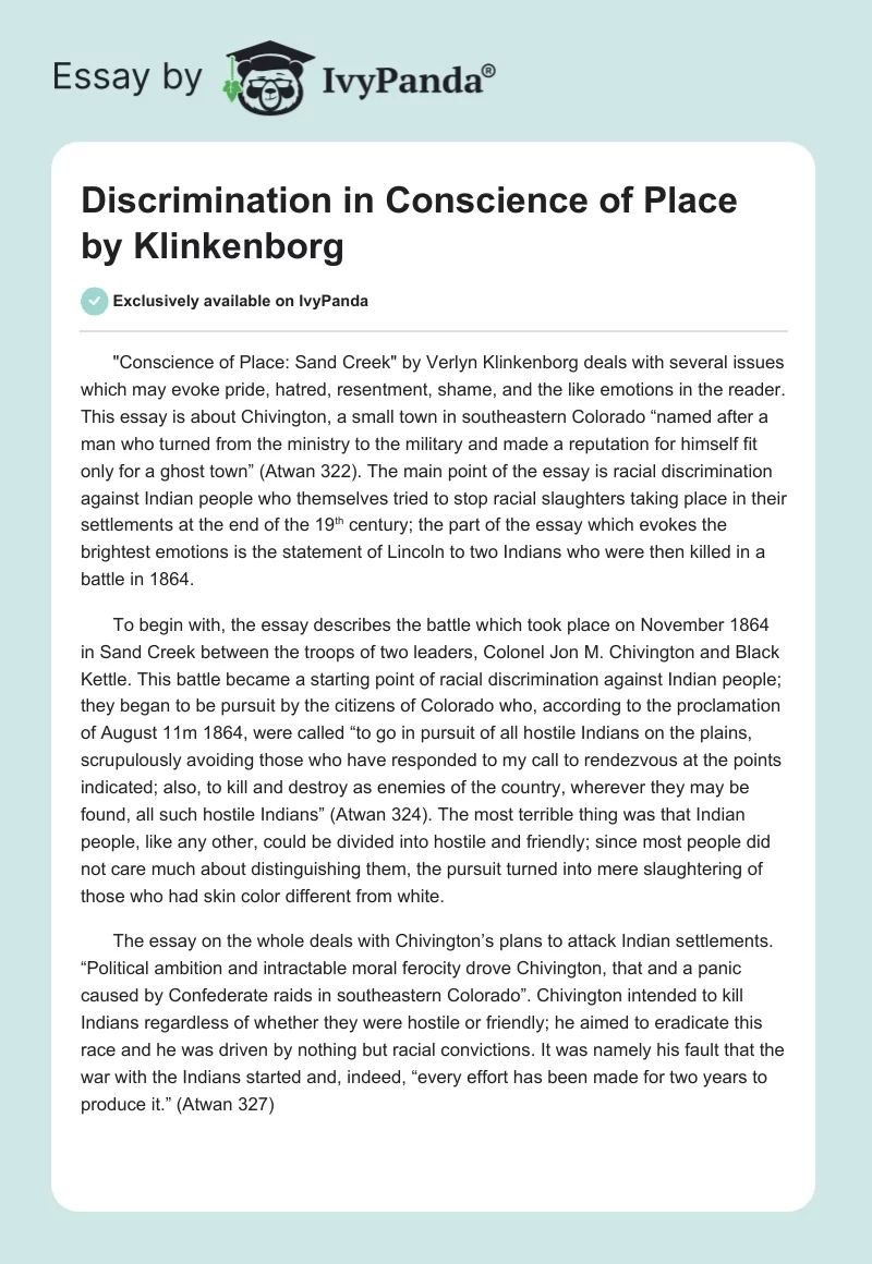 Discrimination in "Conscience of Place" by Klinkenborg. Page 1