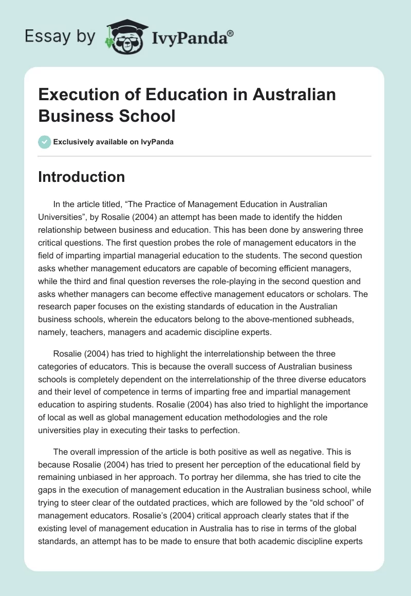 Execution of Education in Australian Business School. Page 1