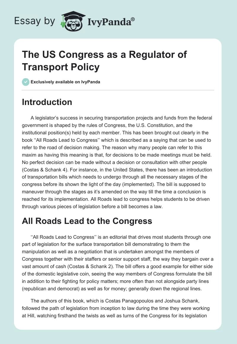 The US Congress as a Regulator of Transport Policy. Page 1