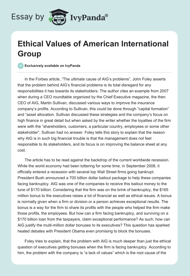 Ethical Values of American International Group. Page 1