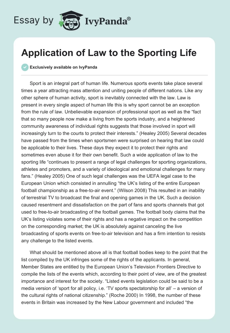 Application of Law to the Sporting Life. Page 1