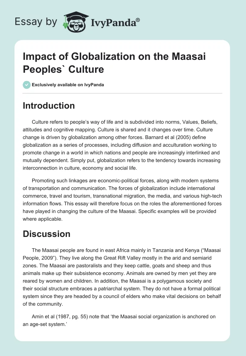 Impact of Globalization on the Maasai Peoples` Culture. Page 1