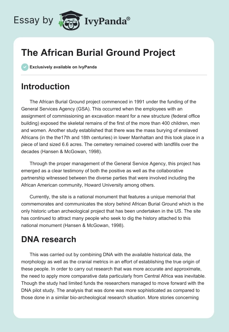 The African Burial Ground Project. Page 1