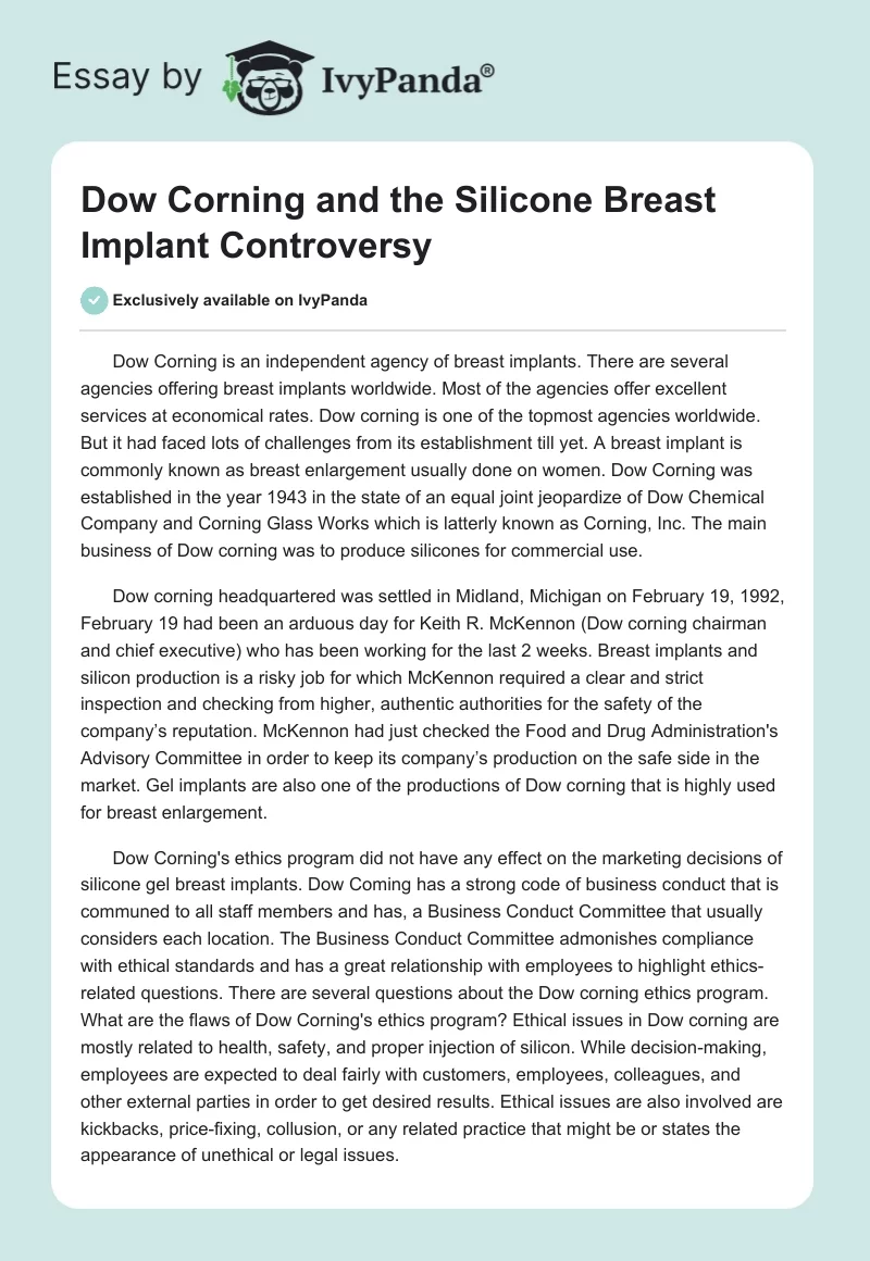 Dow Corning and the Silicone Breast Implant Controversy. Page 1