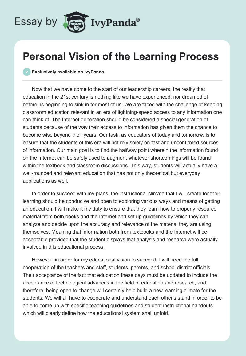 Personal Vision of the Learning Process. Page 1