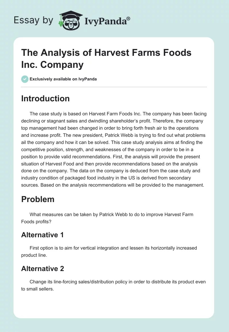 The Analysis of Harvest Farms Foods Inc. Company. Page 1