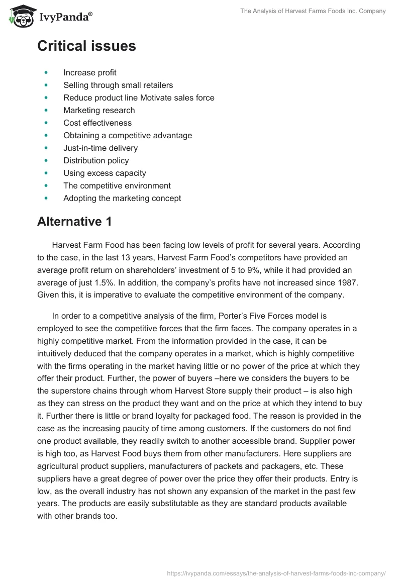 The Analysis of Harvest Farms Foods Inc. Company. Page 2