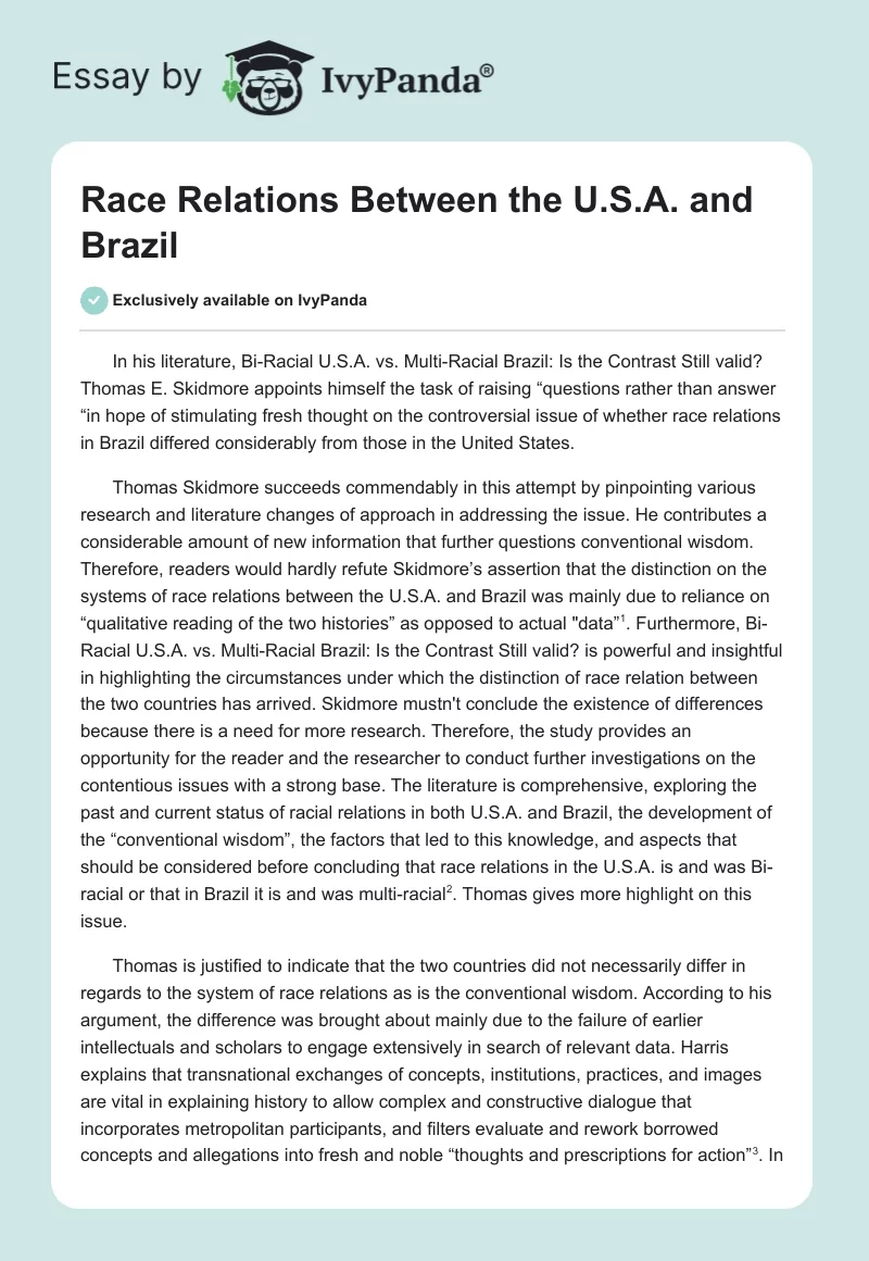 Race Relations Between the U.S.A. and Brazil. Page 1