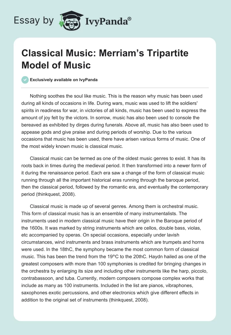 Classical Music: Merriam’s Tripartite Model of Music. Page 1