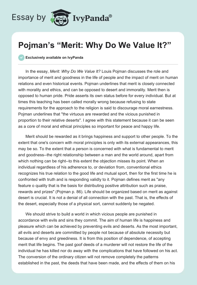 Pojman’s “Merit: Why Do We Value It?”. Page 1