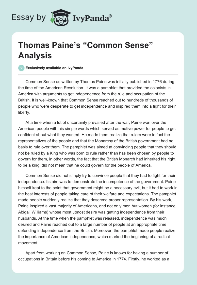 Thomas Paine’s “Common Sense” Analysis. Page 1