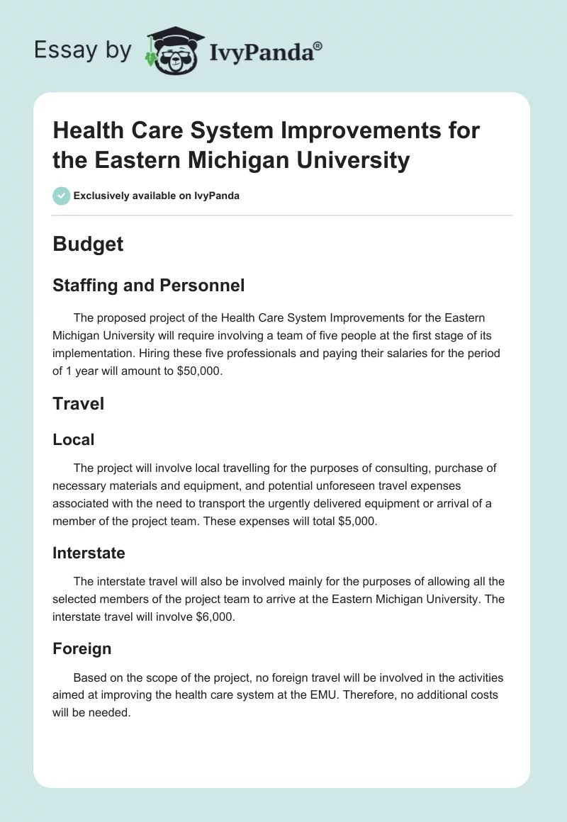 Health Care System Improvements for the Eastern Michigan University. Page 1
