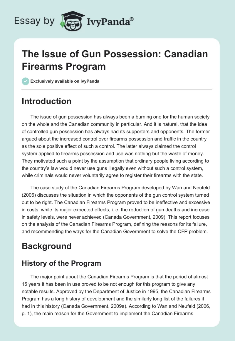 The Issue of Gun Possession: Canadian Firearms Program. Page 1