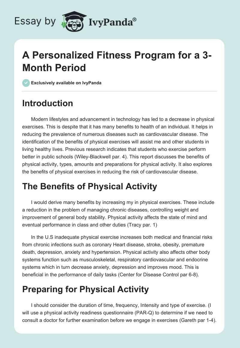 A Personalized Fitness Program for a 3-Month Period. Page 1