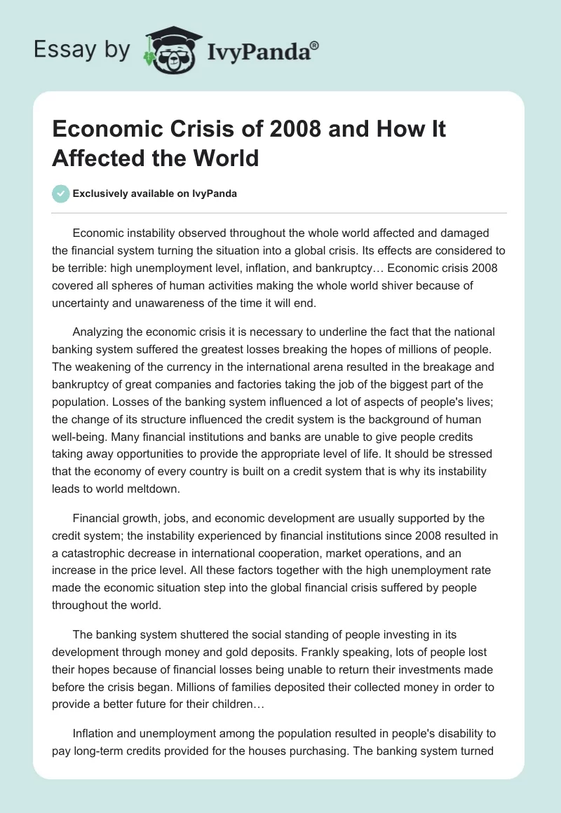 The Global Economic Crisis 2008: Unemployment, Banking System Collapse, and Economic Ruin. Page 1