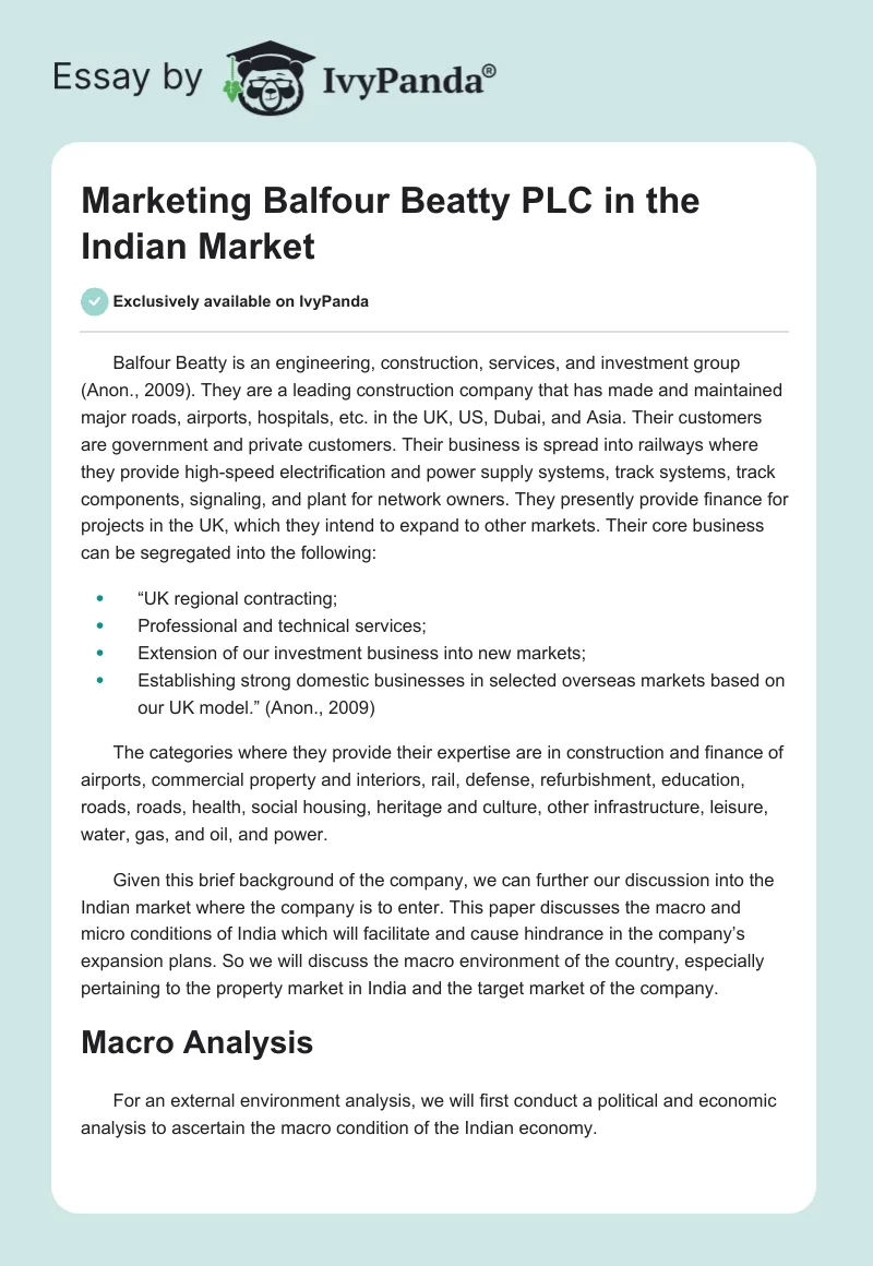 Marketing Balfour Beatty PLC in the Indian Market. Page 1