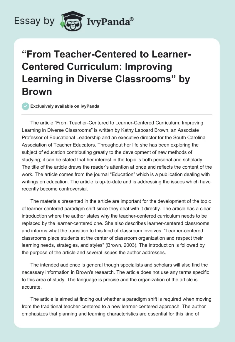 “From Teacher-Centered to Learner-Centered Curriculum: Improving Learning in Diverse Classrooms” by Brown. Page 1
