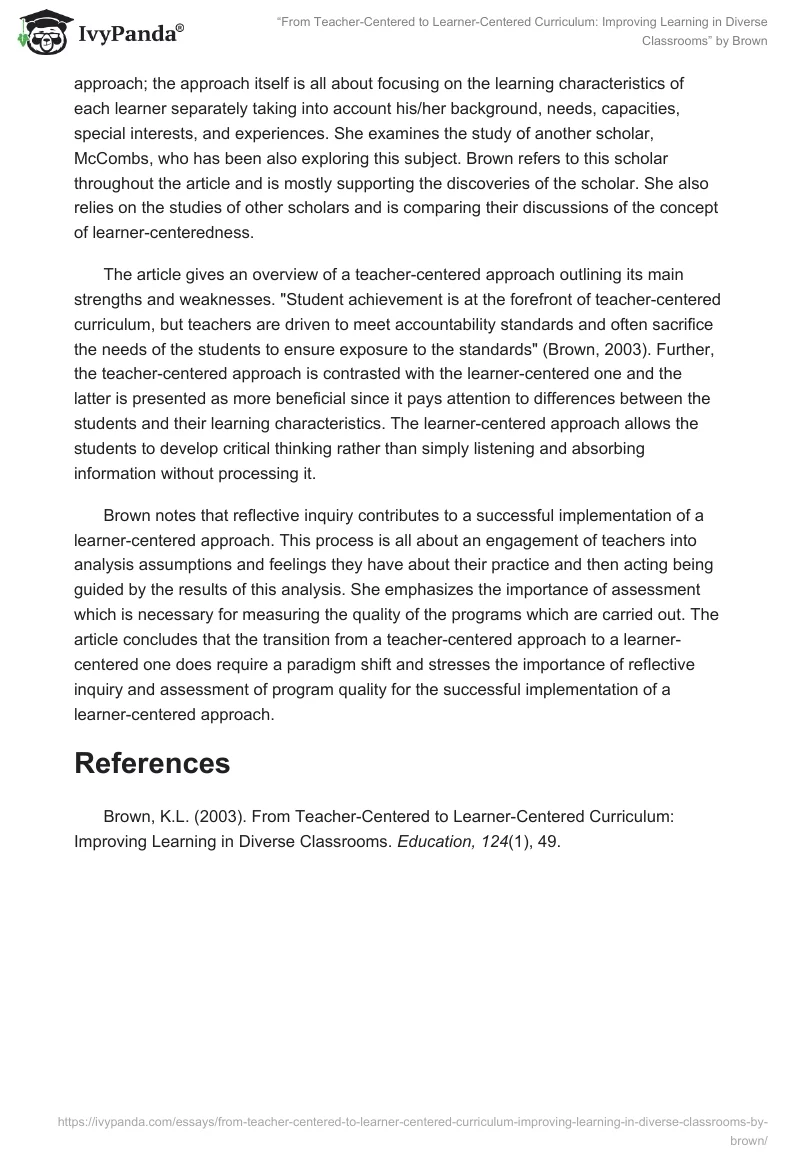 “From Teacher-Centered to Learner-Centered Curriculum: Improving Learning in Diverse Classrooms” by Brown. Page 2