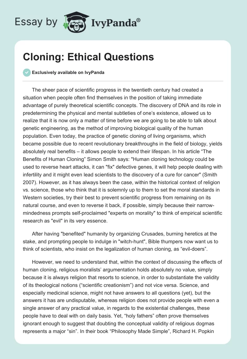 Cloning: Ethical Questions. Page 1