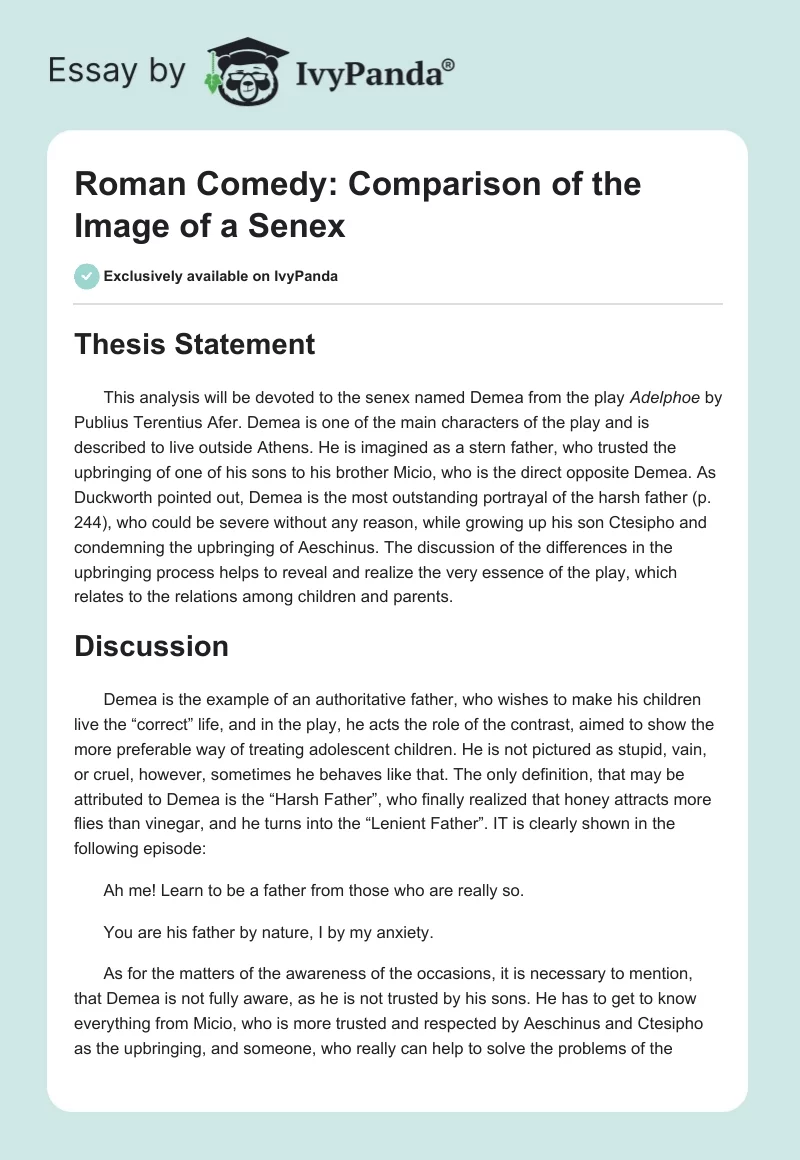 Roman Comedy: Comparison of the Image of a Senex. Page 1