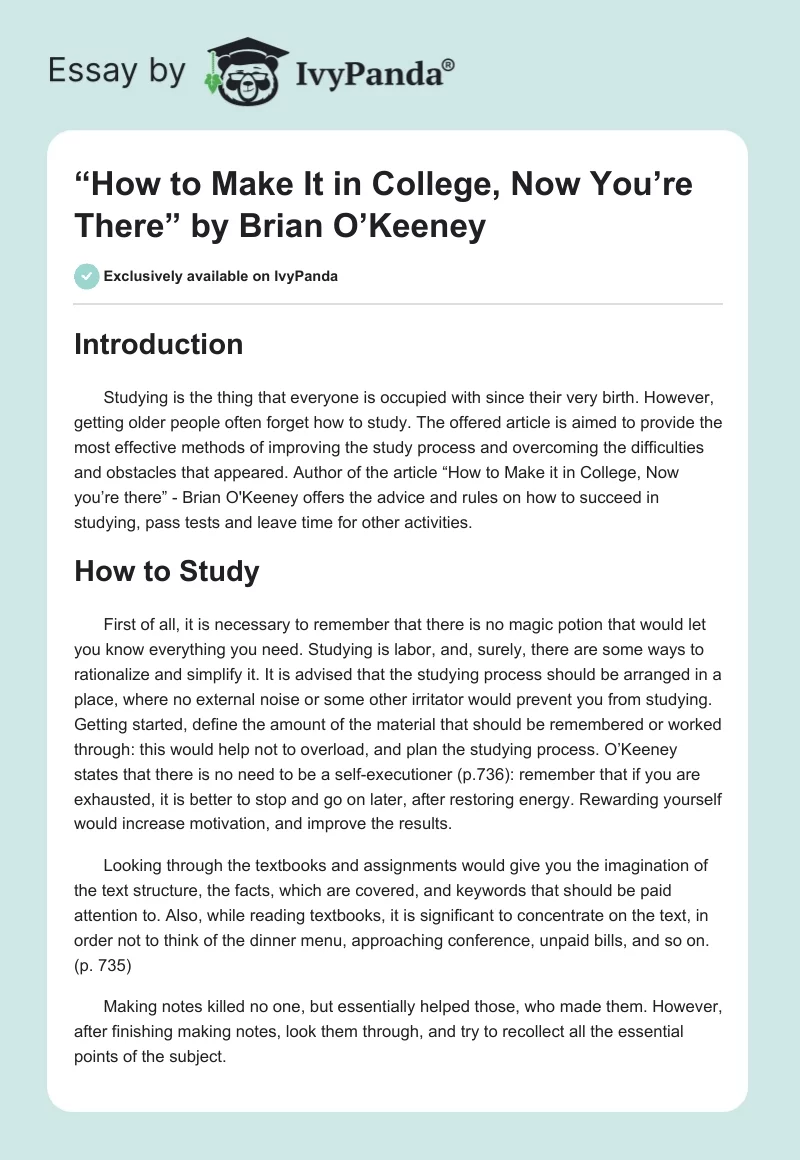 “How to Make It in College, Now You’re There” by Brian O’Keeney. Page 1