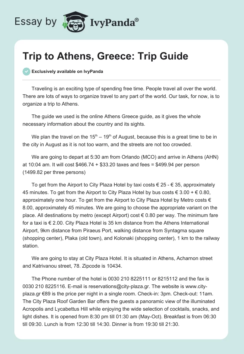 Trip to Athens, Greece: Trip Guide. Page 1