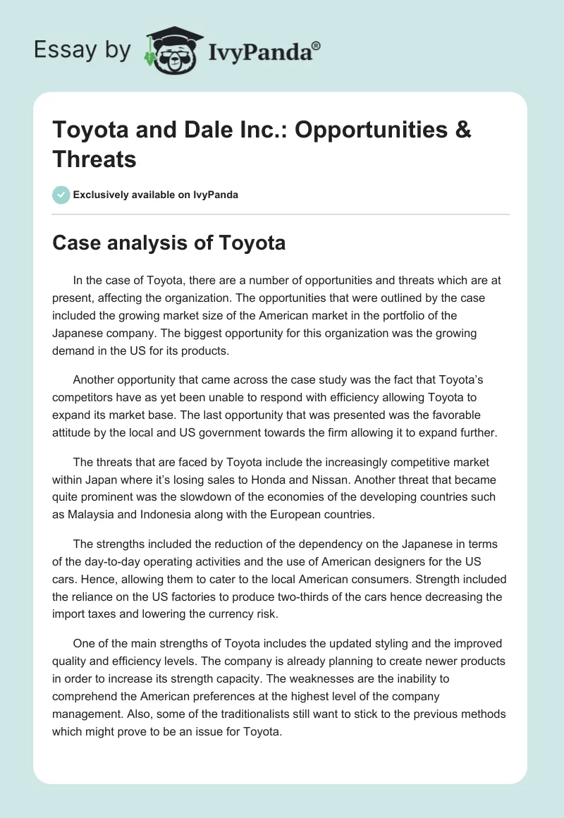 Toyota and Dale Inc.: Opportunities & Threats. Page 1