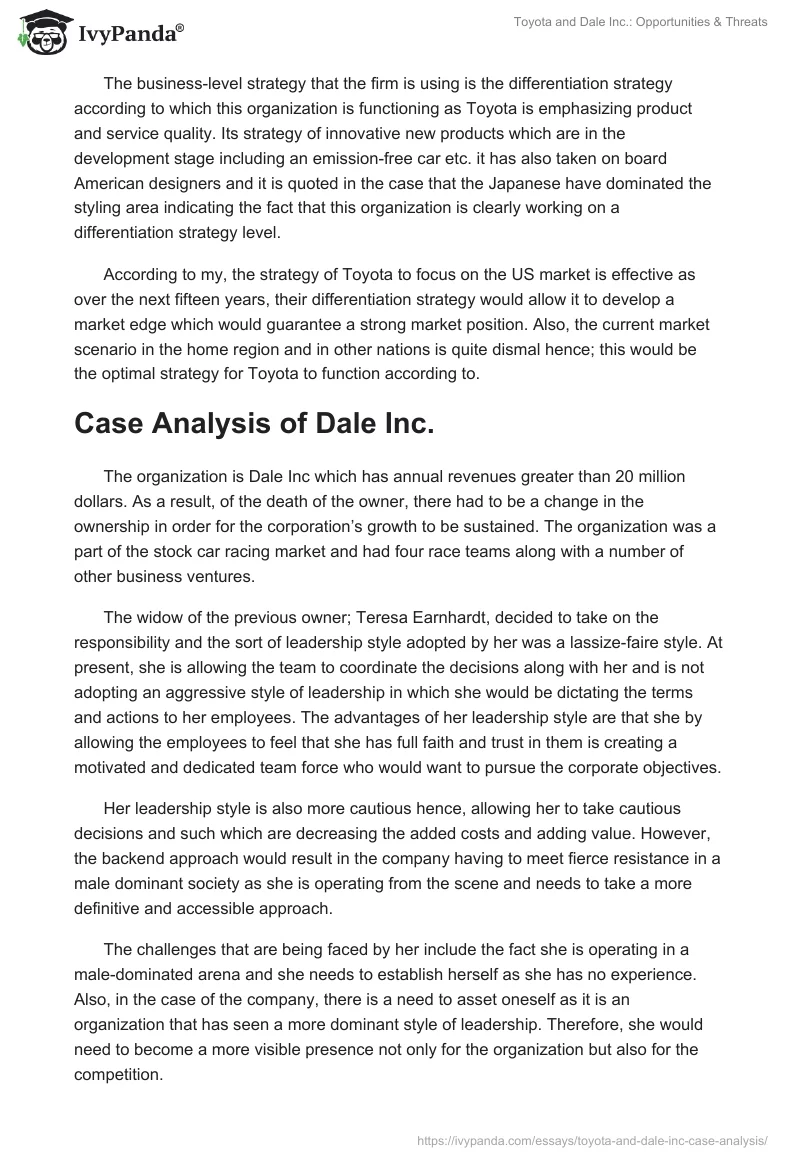 Toyota and Dale Inc.: Opportunities & Threats. Page 2