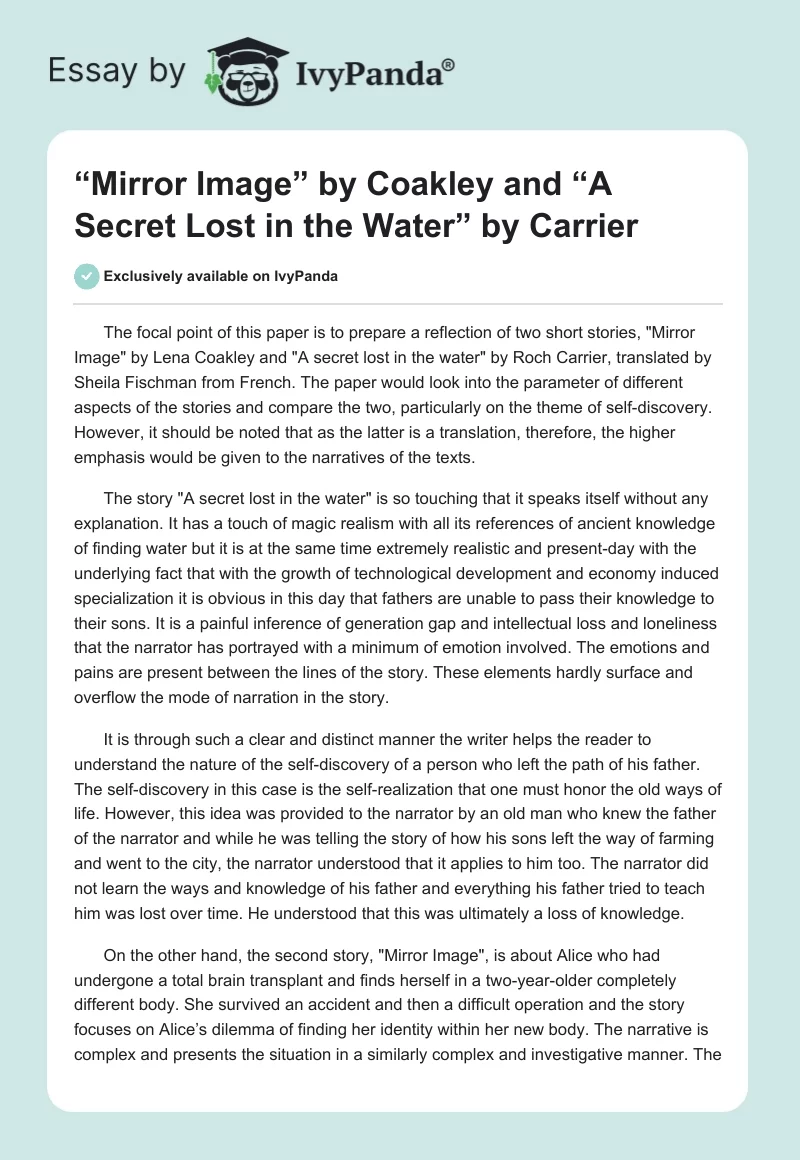 “Mirror Image” by Coakley and “A Secret Lost in the Water” by Carrier. Page 1